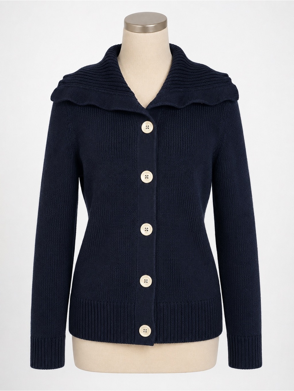 Chaps Navy Cotton Cardigan Sweater Large Shawl Collar Button Front Women Medium
